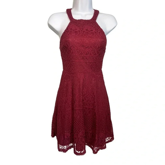 Burgundy Lace Halter Dress - Size XS - Elegant Sleeveless Fit and Flare - Rewind - Picture 1 of 8